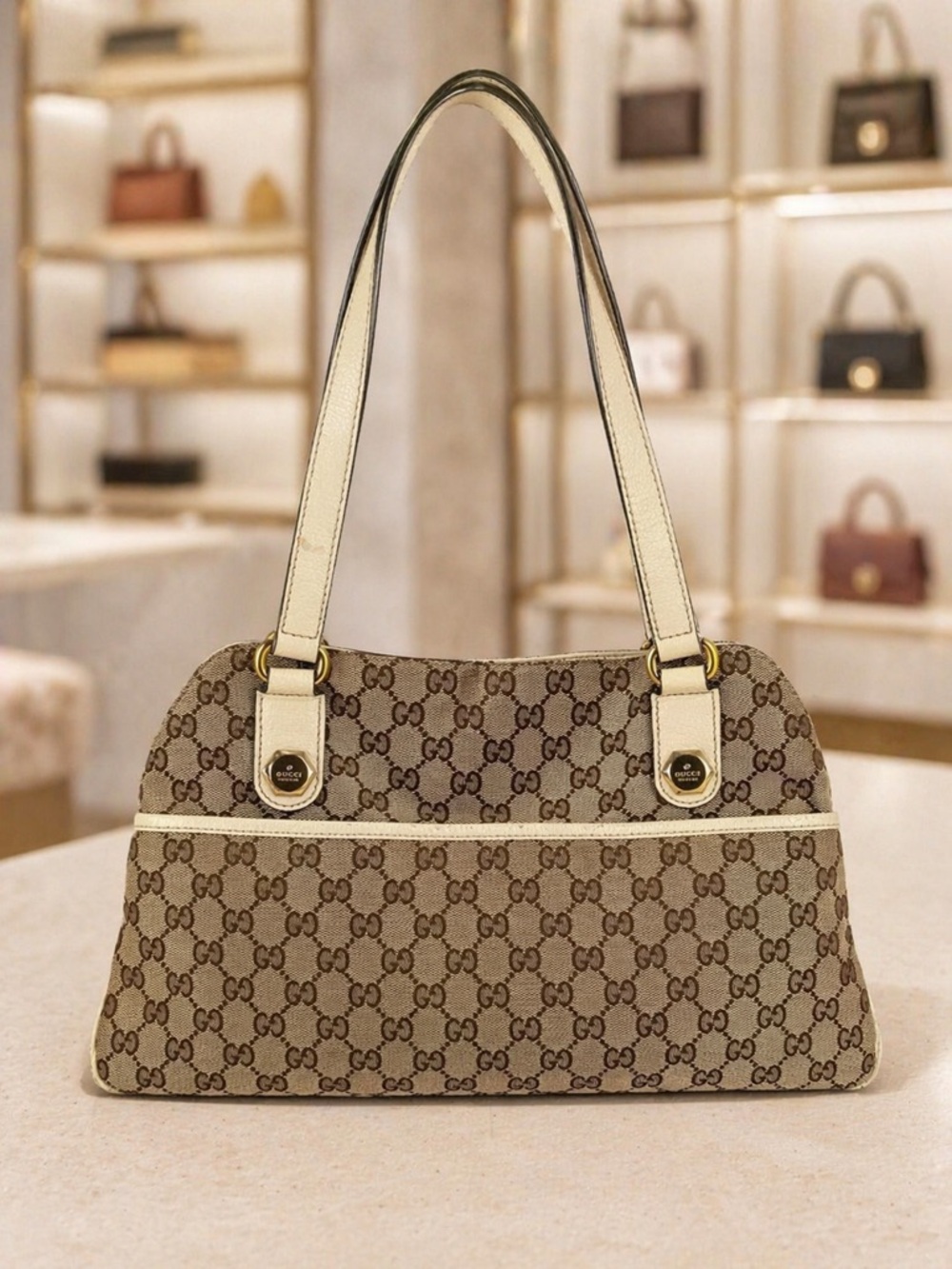 Gucci Brown Monogram Canvas Shoulder Bag with Cream Trim